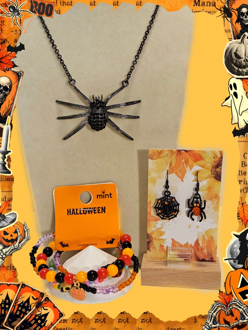 Halloween Spider Necklace, Earrings & Mint Beaded Bracelet Set Gun Metal Orange